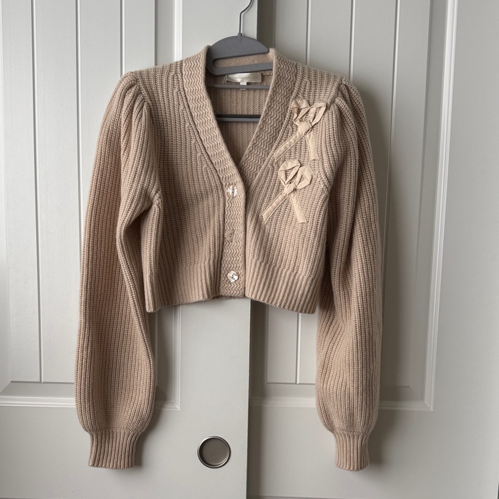 LoveShackFancy Cream Knit Cardigan with Floral Accents